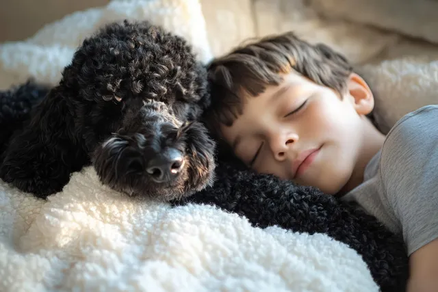 A young boy and a black curly-haired dog sleep peacefully together on a soft white blanket.
