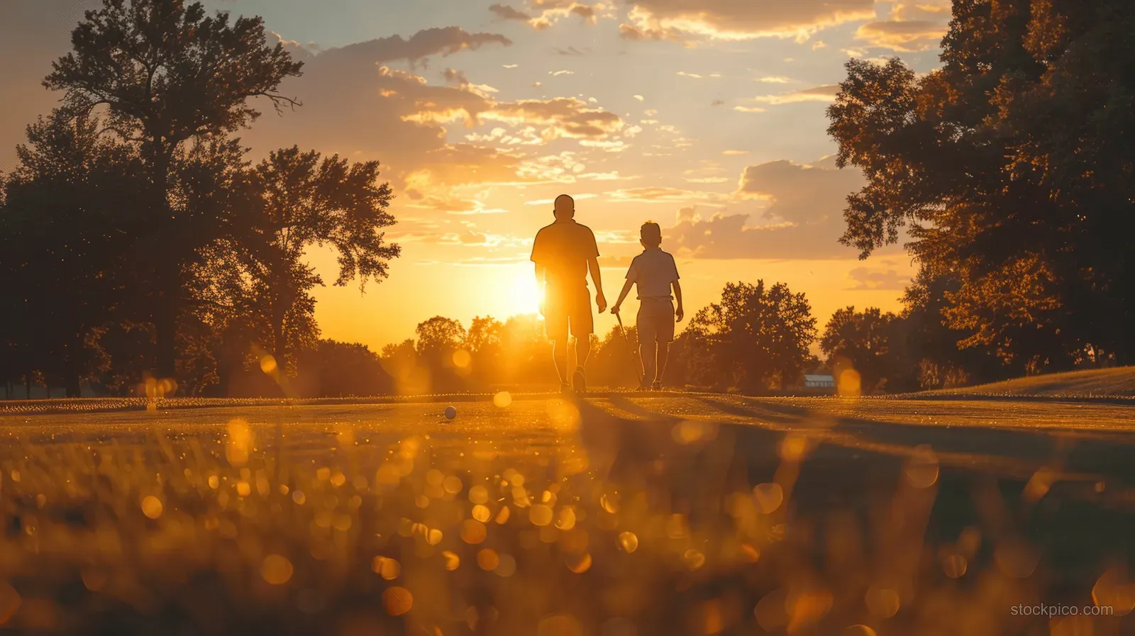A father and son enjoy golfing together at sunset on a summer evening, bonding over their shared hobby.