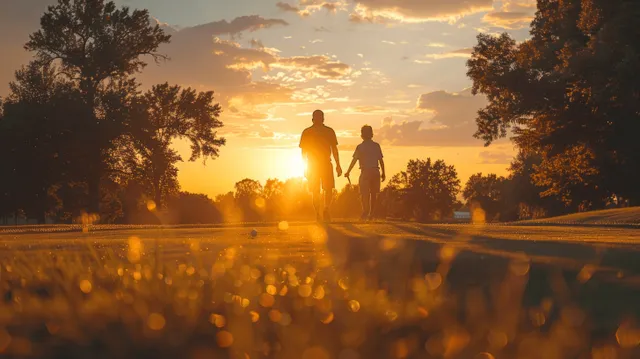 A father and son enjoy golfing together at sunset on a summer evening, bonding over their shared hobby.