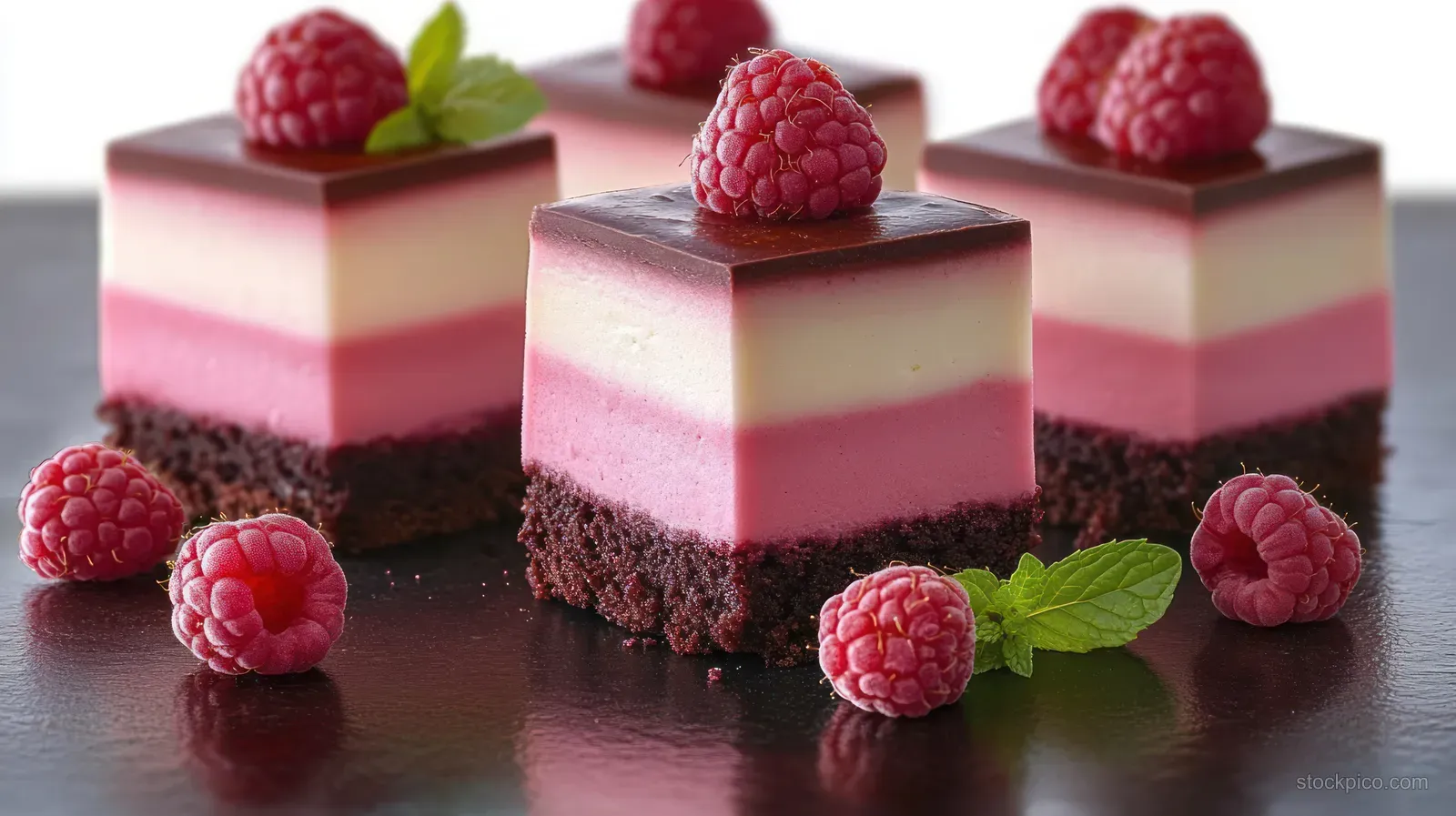 Layered pink and white mousse squares with raspberries and mint garnish on a dark reflective surface.