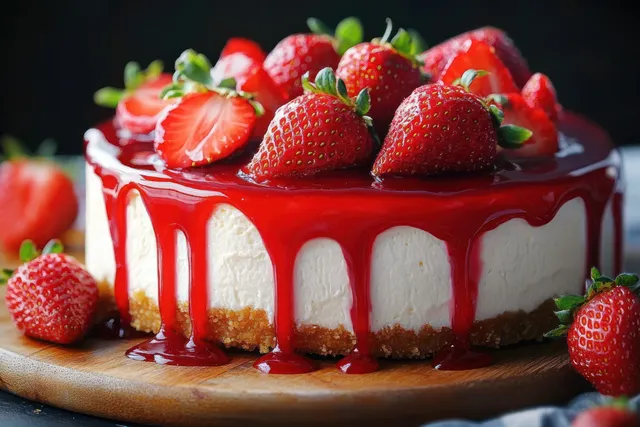 Strawberry cheesecake slice with glossy red sauce and fresh berries on wooden board