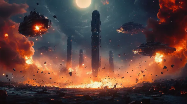 Futuristic alien towers explode in orange fire, with floating debris and smoke under a large glowing moon.