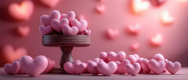 Pink heart-shaped ornaments scattered on a wooden surface beside a small wooden stand with blurred hearts behind.