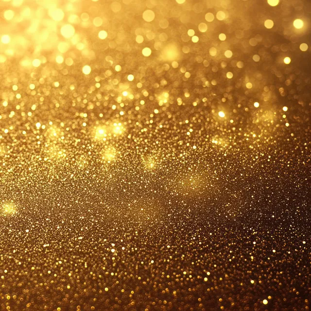 Golden glitter particles shimmer across a warm glowing background with soft bokeh light.