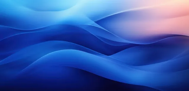 Layered blue wave ribbons curve across a gradient background with a subtle pink light glow.
