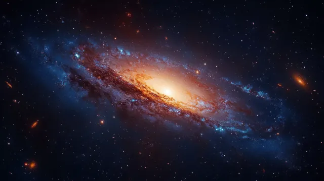 A spiral galaxy with glowing starlight and dusty nebula clouds stretches across a dark star-filled space.