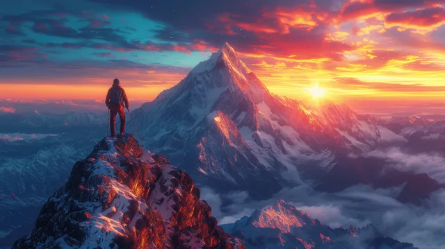 Hiker standing atop rocky summit at colorful sunset, facing distant mountains and clouds