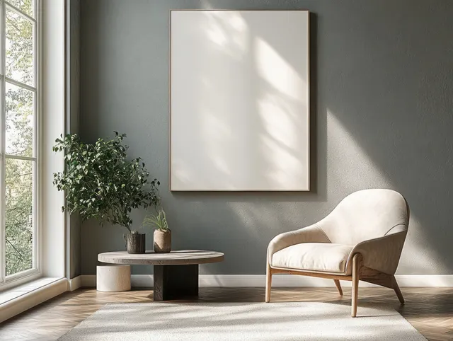 Sunlit minimalist gray living room showing an armchair, low coffee table, framed wall art, and potted plant by a window.