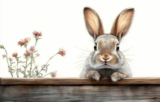 Watercolor rabbit peeking over weathered wooden fence with soft blossoms