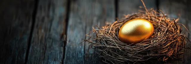 Golden egg resting in a nest on dark wooden planks, symbolizing future wealth and security.