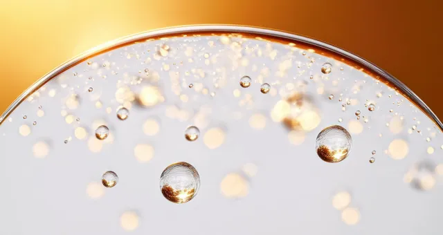Transparent bubbles rise in a clear liquid, reflecting warm golden light near the surface.