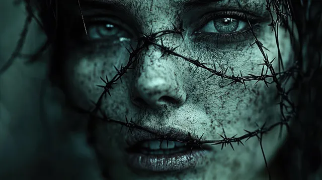A distressed face close-up with barbed wire wrapped around it and intense eyes showing trapped pain.