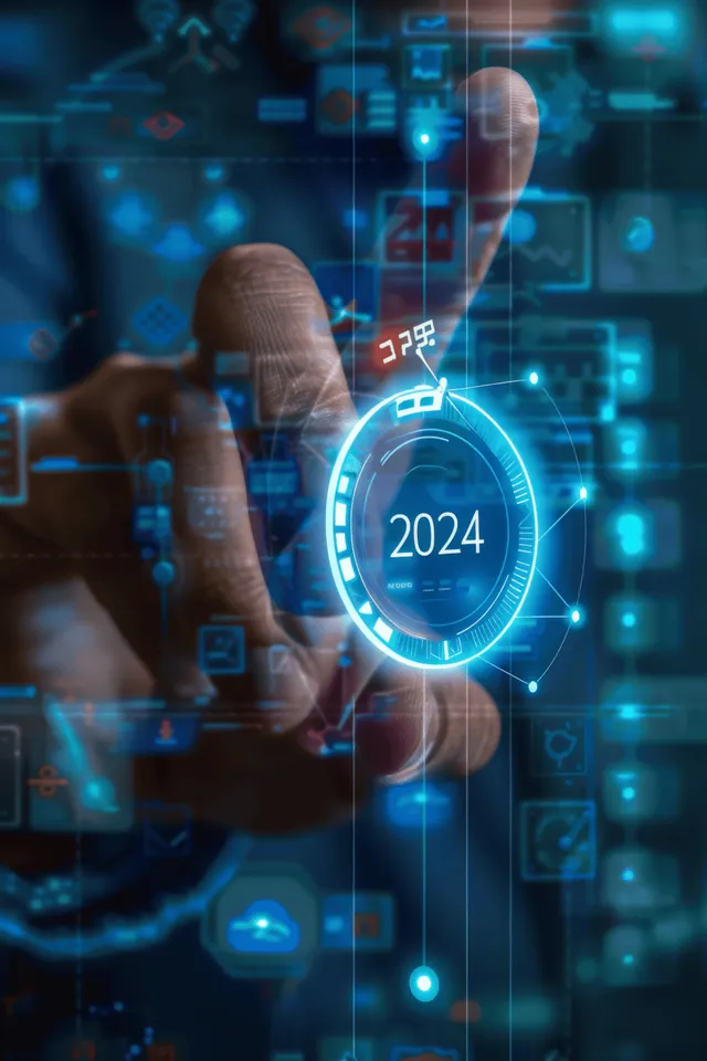 A visual representation of a 2024 business growth strategy featuring digital analytics, finance charts, and investment planning.