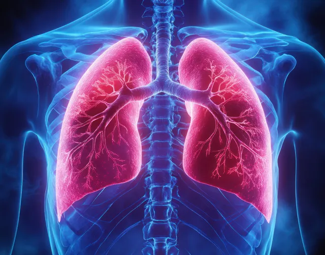 3D anatomical lungs inside ribcage with glowing bronchial branches and trachea