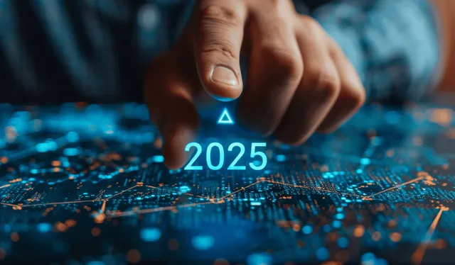 A fingertip presses a glowing 2025 hologram over a blue digital finance chart background.
