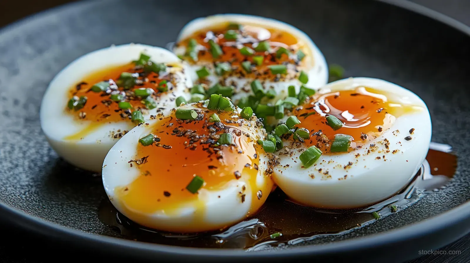 Four soft-boiled egg halves with orange yolks, herbs, and black pepper in a dark bowl with soy sauce.