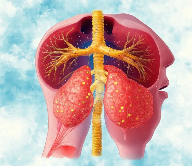 Cutaway anatomical view shows throat and nasal passages connecting to glowing lungs and windpipe.