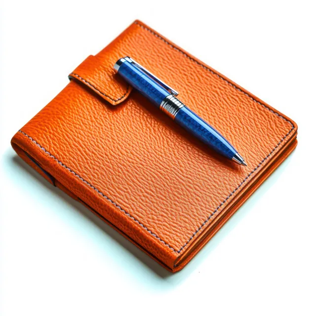 Orange textured leather notebook with a blue pen resting on top on a clean white background.