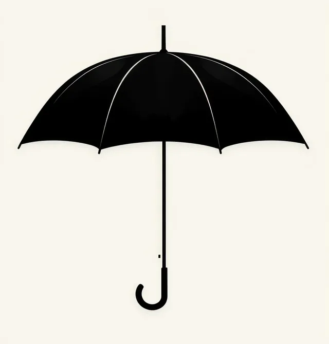 Black open umbrella with a curved hook handle centered on a plain light background.