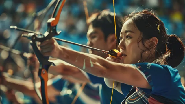 Two archers from a South Korea mixed team draw bows in sync during an outdoor competition with a cheering crowd.