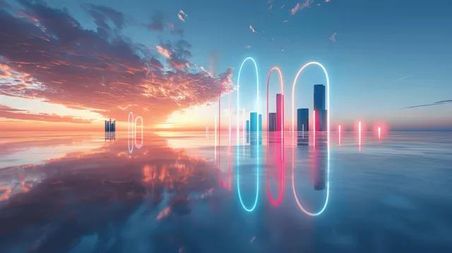 Neon futuristic portal glowing over a reflective ocean at sunset with distant city lights.