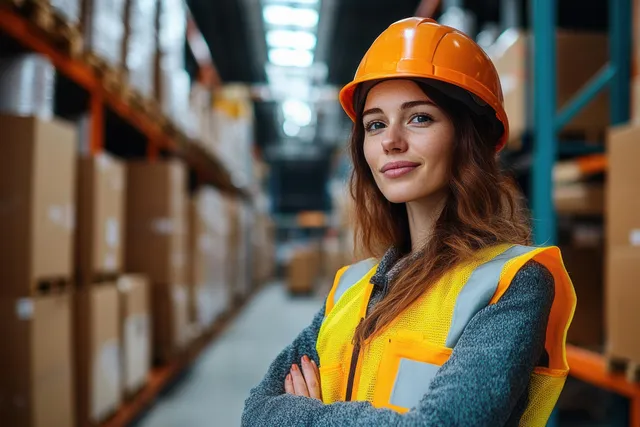A smiling female warehouse worker in a safety vest and orange helmet stands with crossed arms beside stacked boxes in an aisle.