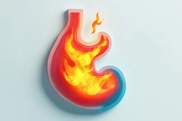 Cross-sectional stomach illustration showing bright flames inside and glowing red and yellow layers on a light background.