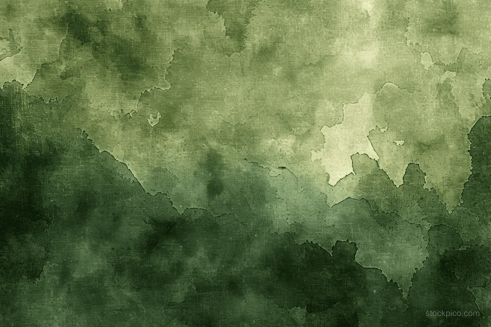 Olive green watercolor camouflage background with mottled stains and dark grunge brush strokes.