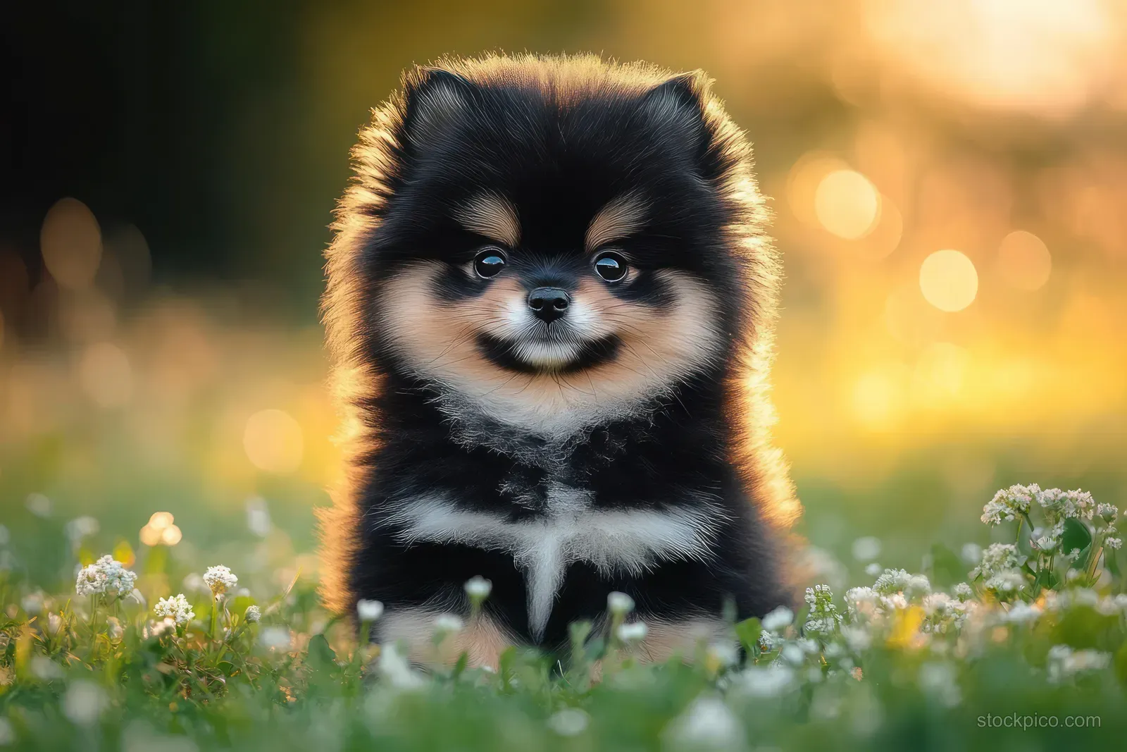 Fluffy black and tan puppy sits in green grass with small white flowers during golden hour.