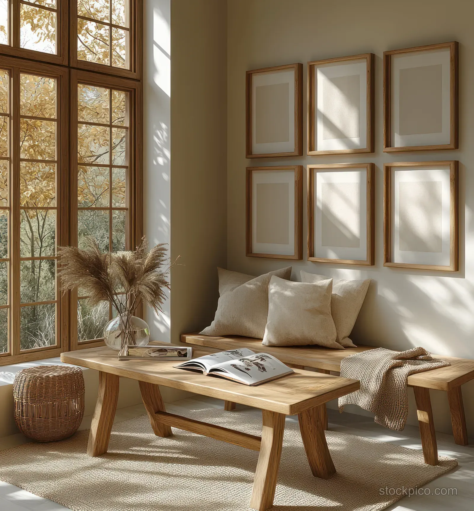 Sunlit minimalist living room featuring a wooden table with an open book and several empty frames above the sofa.