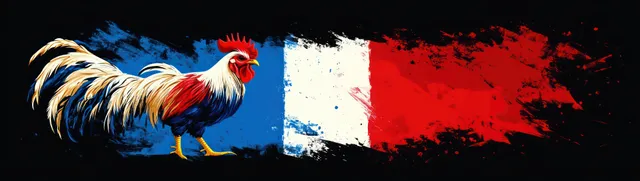A colorful rooster stands beside a splattered blue, white, and red tricolor paint background.