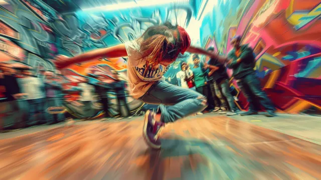 Female breakdancer spins on the floor in front of graffiti walls, captured with dynamic motion blur.