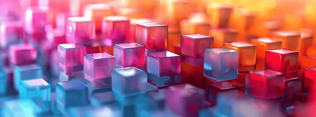 Pastel 3D glossy cubes forming a rectangular geometric wall with bright orange squares