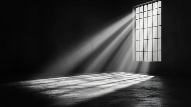 Minimalist Interior with Bright Window and Dark Room Ambient Lighting