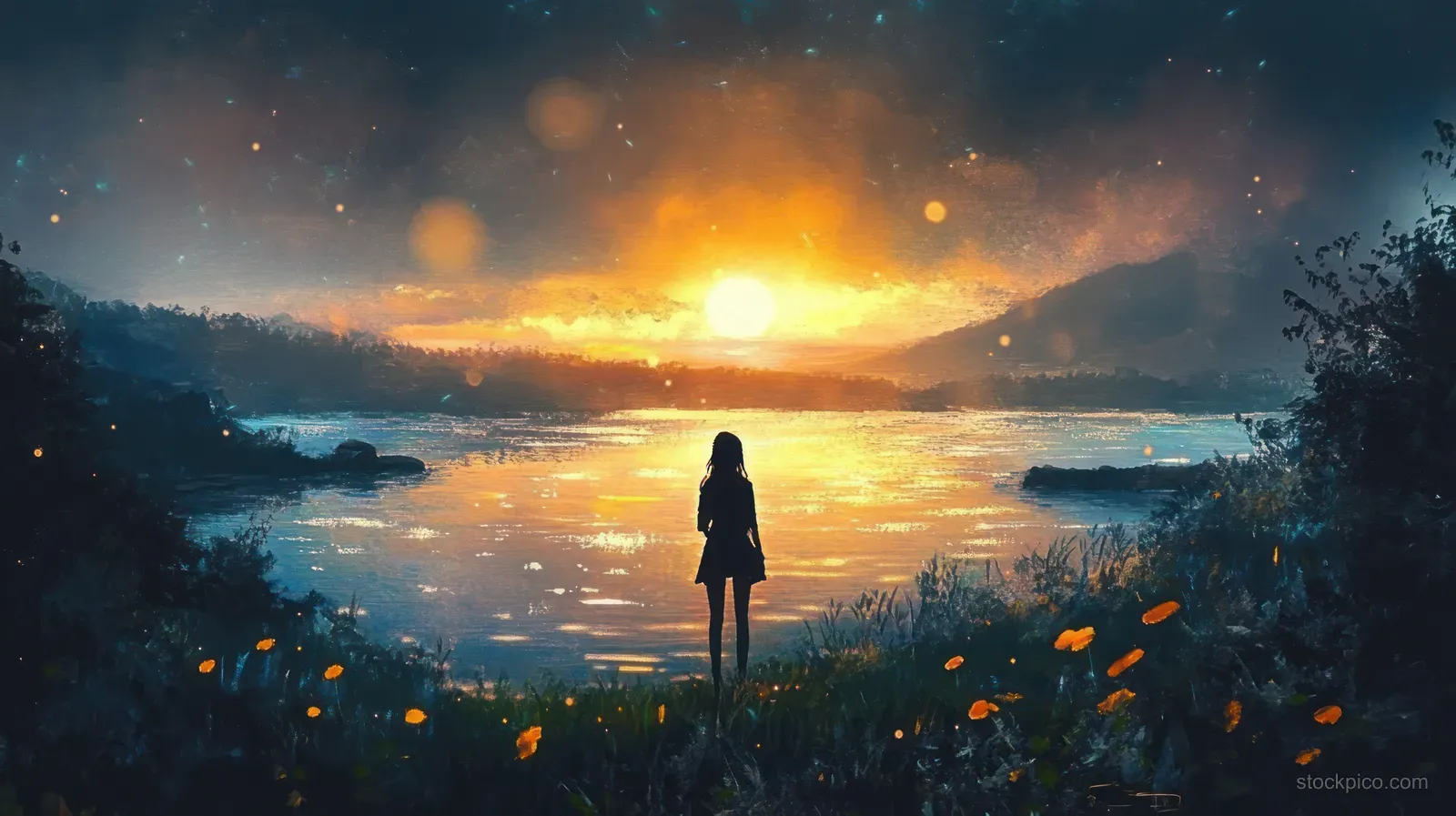 Silhouette of a traveler on a lakeshore at sunrise with glowing reflections and floating mist.