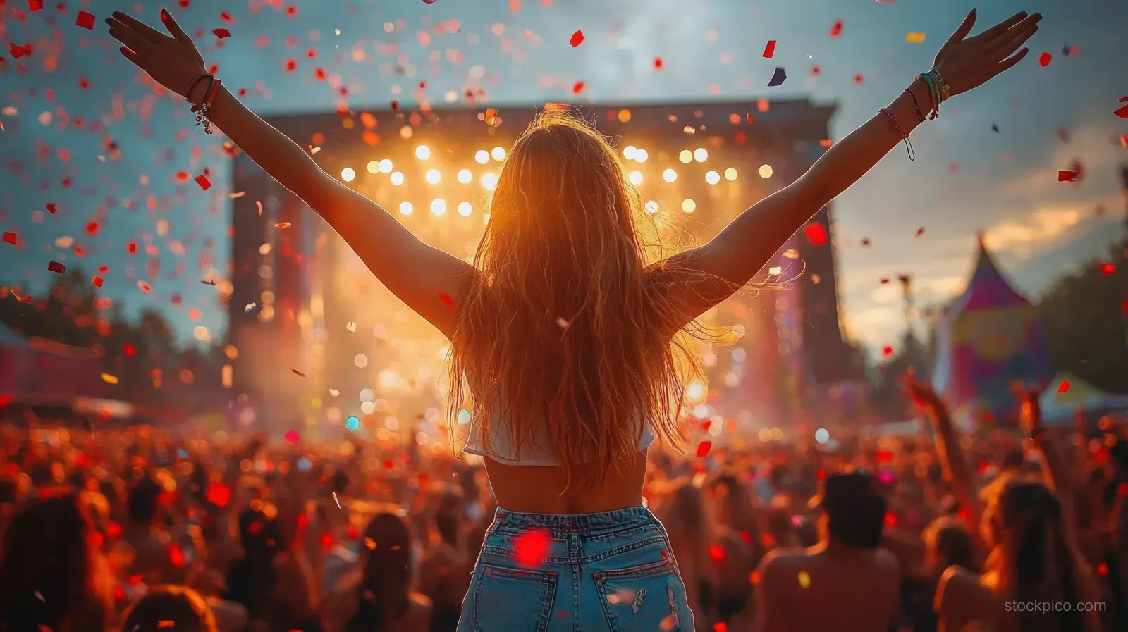 Long-haired woman cheers with arms raised as confetti falls behind her at an outdoor concert.