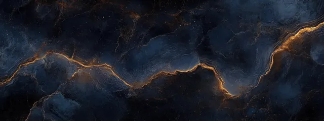 Abstract navy and black marble texture with glowing gold vein cracks