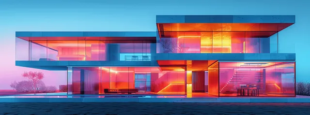 Futuristic transparent house with holographic panels, symmetrical facade, glowing orange-pink lighting