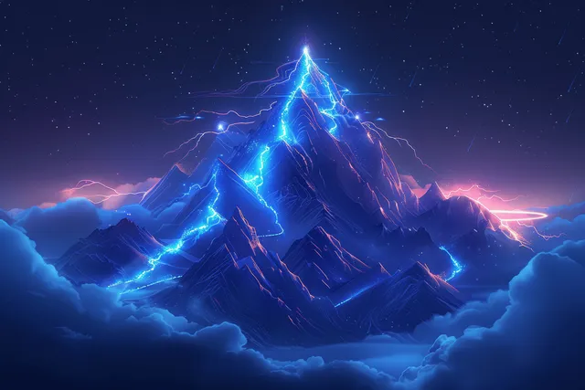 A glowing lightning path reaches a jagged mountain peak above layered clouds in a top-view business concept.