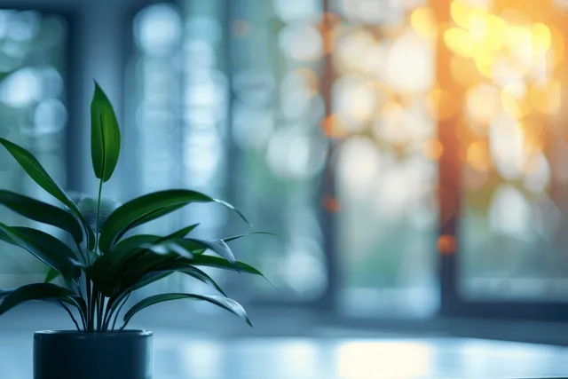 Green potted plant in modern office, soft bokeh view through panoramic windows