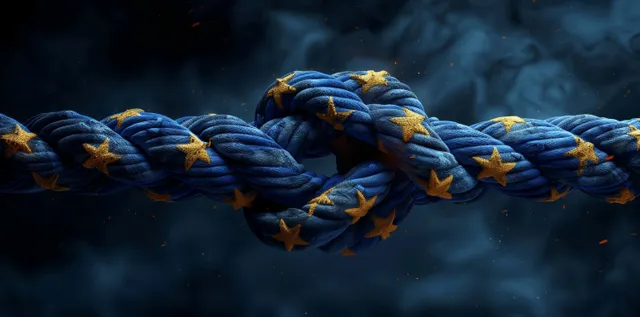 Blue rope knot wrapped with yellow EU stars against dark moody backdrop
