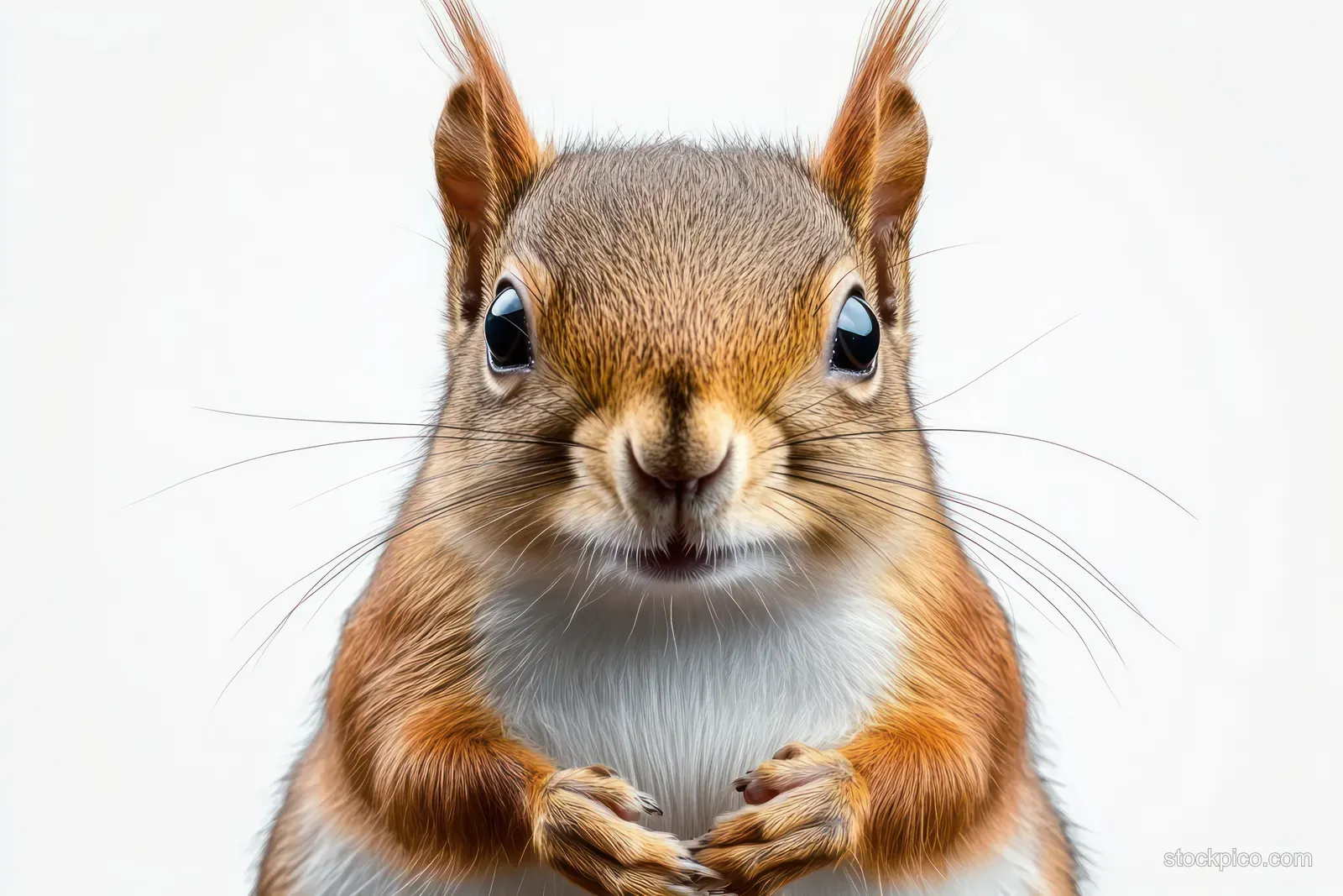Close-up portrait of a curious red squirrel with bright eyes and whiskers against a plain white background.