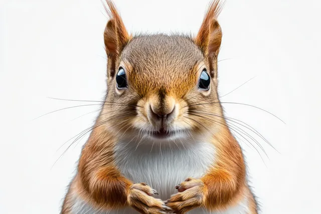 Curious red squirrel portrait with bright eyes and whiskers against a white background