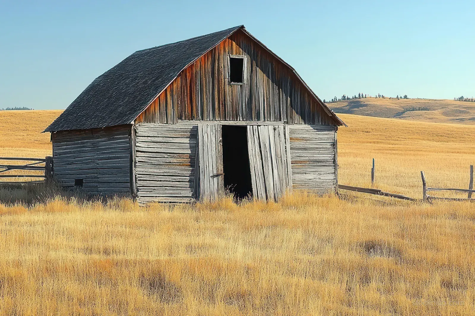 Weathered wooden barn stands in a dry grass field with rolling hills under a clear blue sky.