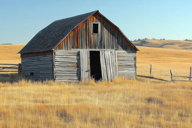 Weathered wooden barn stands in a dry grass field with rolling hills under a clear blue sky.