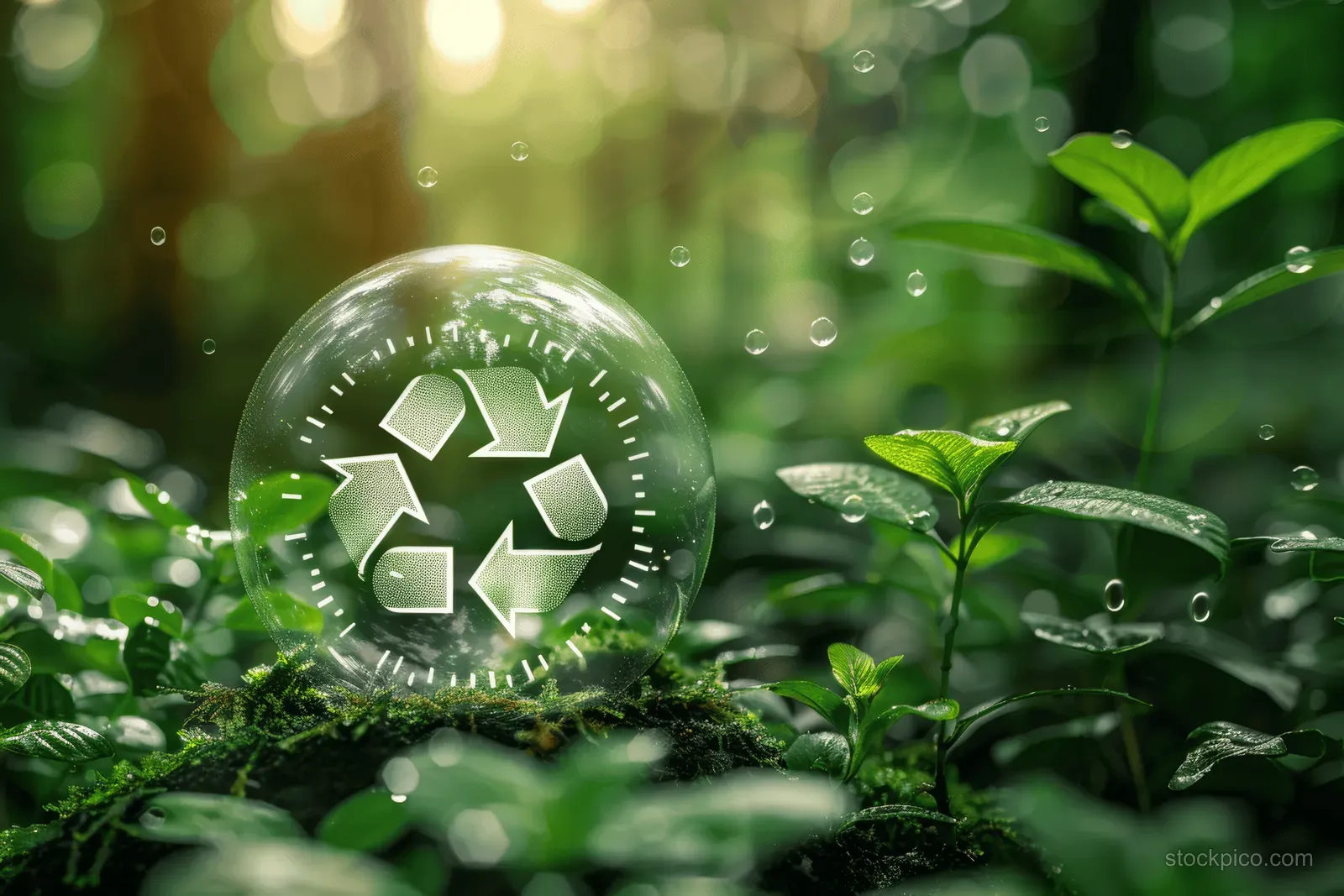 A glowing recycling globe sits on wet moss in a sunlit forest canopy, symbolizing CO2 reduction.