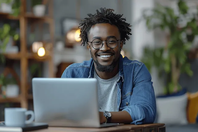 Cheerful entrepreneur laughing during video call on laptop in bright open-plan office