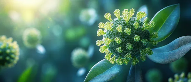 Futuristic illustration of a glowing green coronavirus particle against a soft bokeh background, highlighting infection awareness.