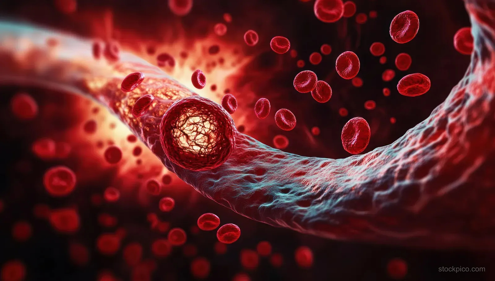 Red blood cells swirl around a brown thrombus clot blocking an inflamed blood vessel interior.