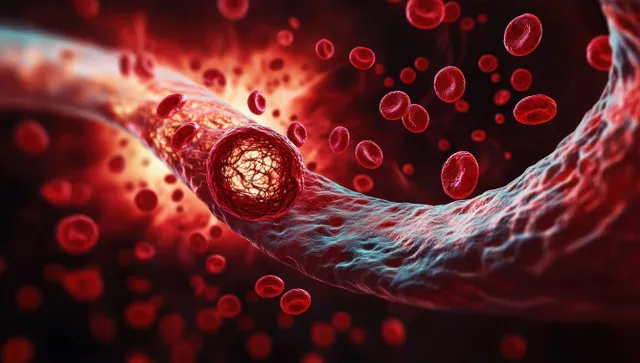 Red blood cells flowing past a thrombus clot inside a blocked blood vessel
